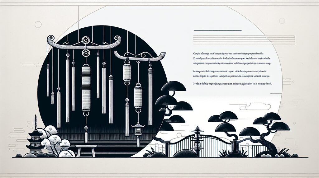 Decorative mural showing a large dark circle with many hanging wind chimes, set beside a stylized Japanese garden with a gate and pines.