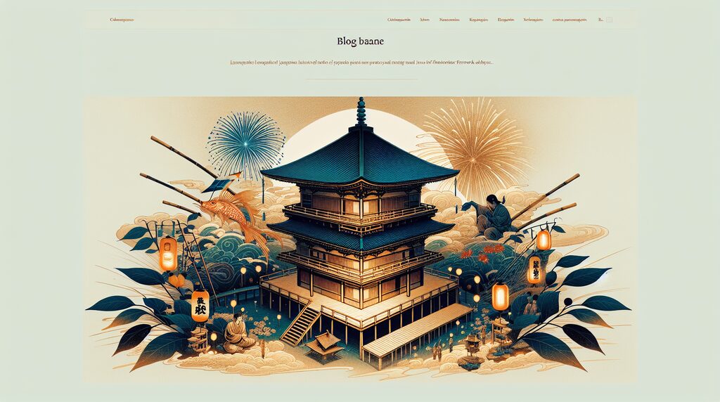 Illustrated Japanese pagoda surrounded by lanterns and fireworks for the blog header.