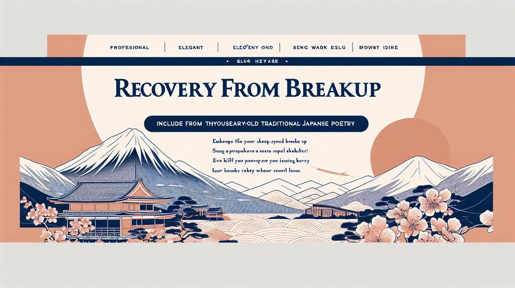 Poster-style banner reading 'Recovery From Breakup' with a Japanese-influenced landscape of mountains, a pagoda, flowers, and a large sun/artful waves.