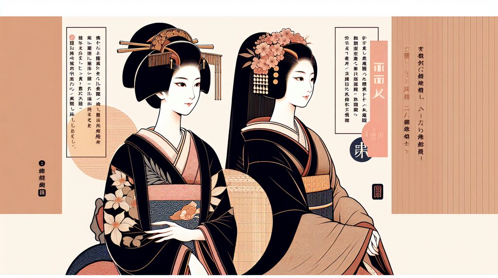 Two geisha-like women in black kimonis sit side by side with floral embroidery, surrounded by decorative peach panels and vertical text blocks on a light background.