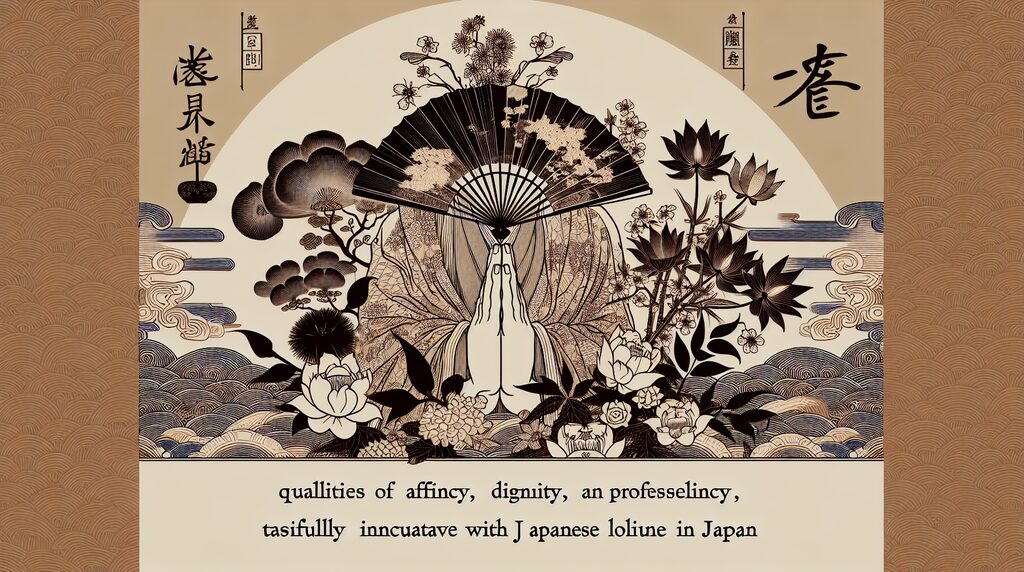 Japanese-inspired illustration: praying hands holding a fan amid lotus and flowers with decorative waves and kanji on sides, in warm tones map design.