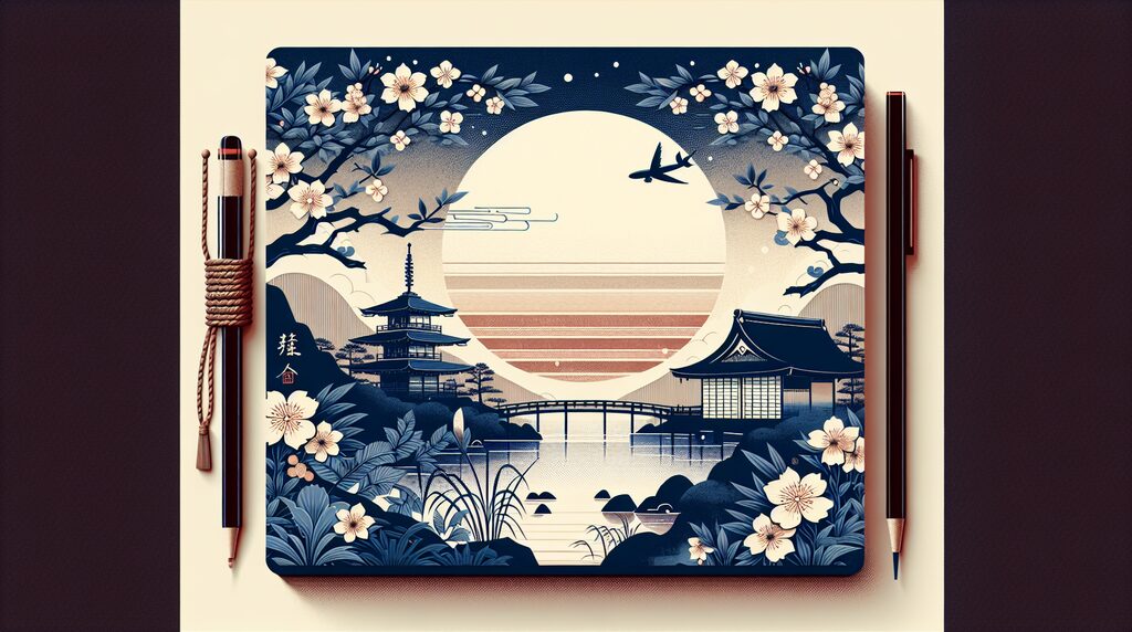 hyakunin-isshu-summer-night-poems - 日本文化と伝統の魅力ナビ ― Japanese Heritage Guide Decorative notebook on a desk featuring a blue Japanese-inspired landscape with a full moon, pagoda, bridge, and cherry blossoms; flanked by pens on each side.