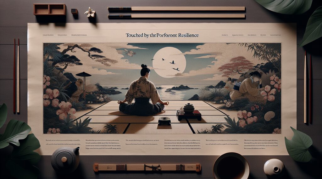 hyakunin-isshu-work-setback - 日本文化と伝統の魅力ナビ ― Japanese Heritage Guide Person meditating on a tatami mat in front of a large Japanese-style art print, with a tea set, brushes, and plants on a desk nearby.