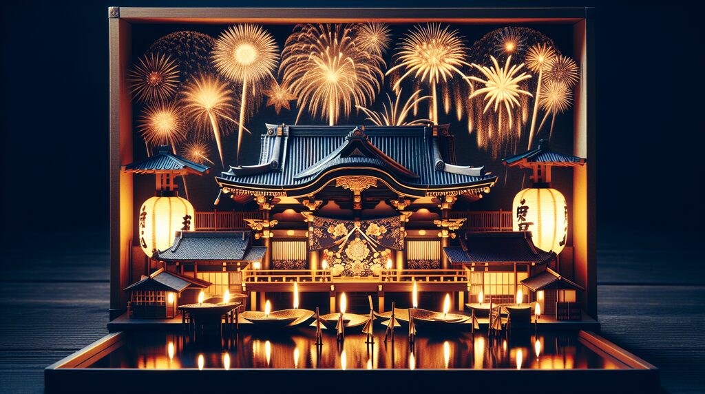 Miniature Japanese shrine displayed inside a wooden case, lit by lanterns and candles with fireworks in the background.