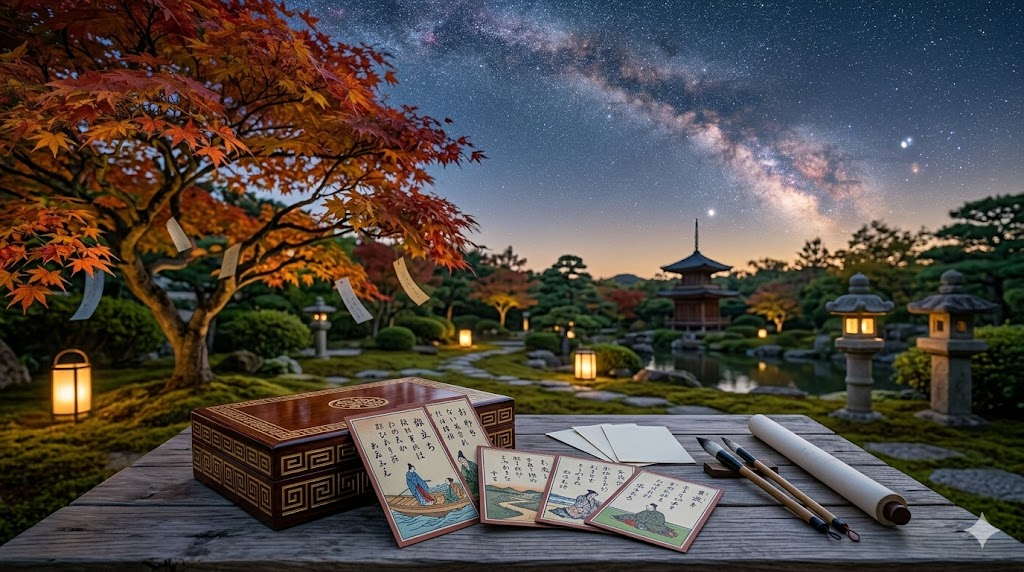 Japanese garden at night with a starry sky and Milky Way, autumn maple, lanterns, and a wooden box with illustrated cards on a table.