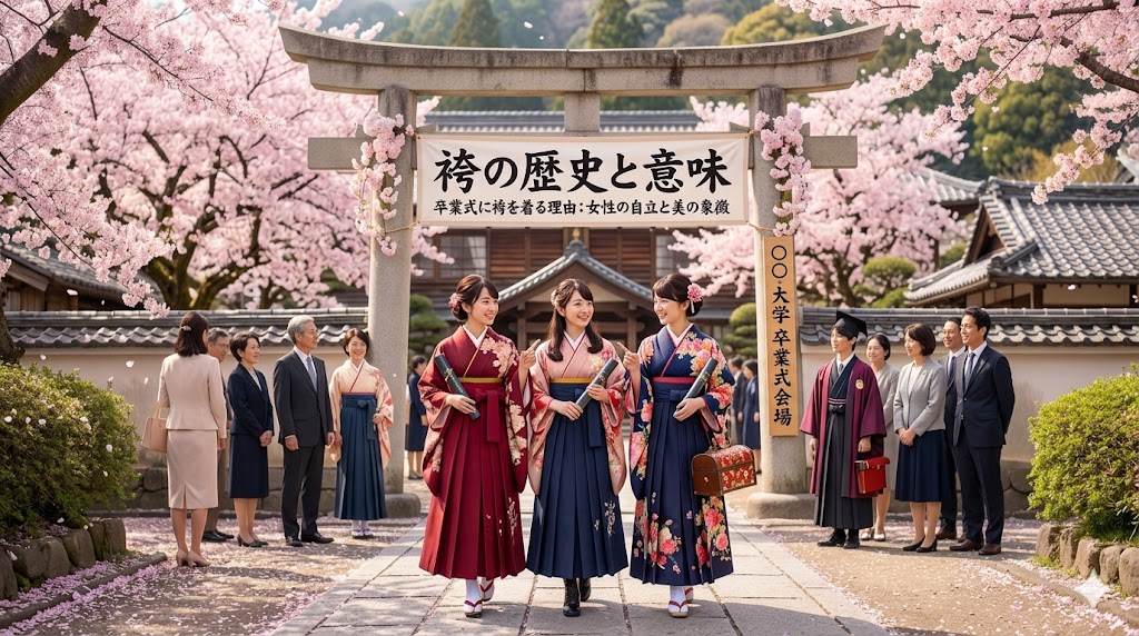 Group of people in traditional kimonos and formal attire under a torii gate surrounded by pink cherry blossoms