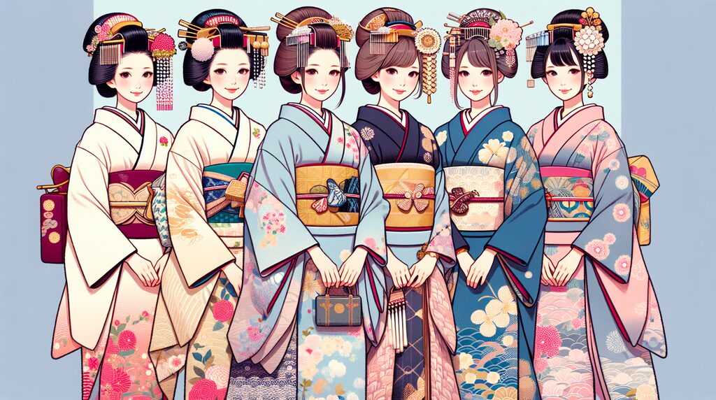 Six women in colorful kimonos standing side by side in traditional attire with ornate hairstyles and accessories (illustration).