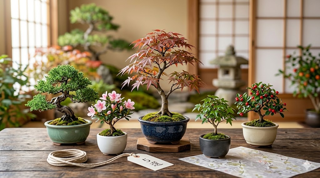 mini-bonsai-gift-recommendations - 日本文化と伝統の魅力ナビ ― Japanese Heritage Guide Indoor display of five bonsai trees in pots on a wooden table with sliding shoji screens in the background.