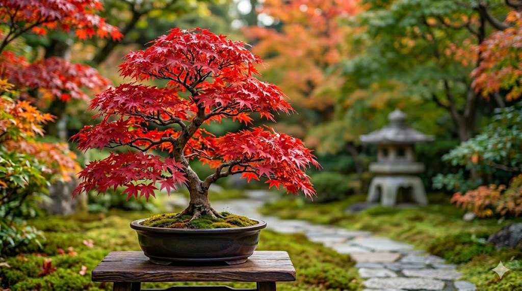 Red maple bonsai in a shallow pot on a wooden stand in a Japanese-style garden with a stone path and moss.