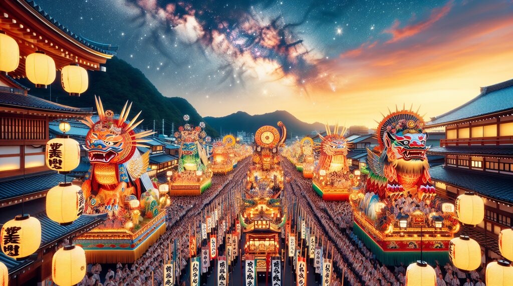 Colorful Japanese festival parade with illuminated dragon floats lining a city street at sunset.