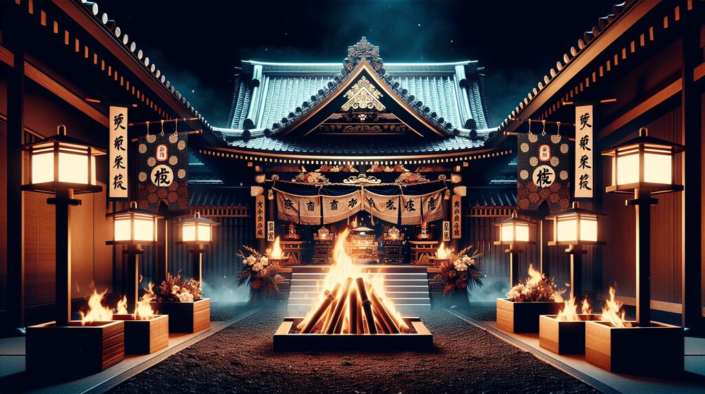 obon-mukaebi-okuribi - 日本文化と伝統の魅力ナビ ― Japanese Heritage Guide Nighttime Japanese shrine courtyard with a central bonfire, lanterns, and ceremonial banners along the sides.