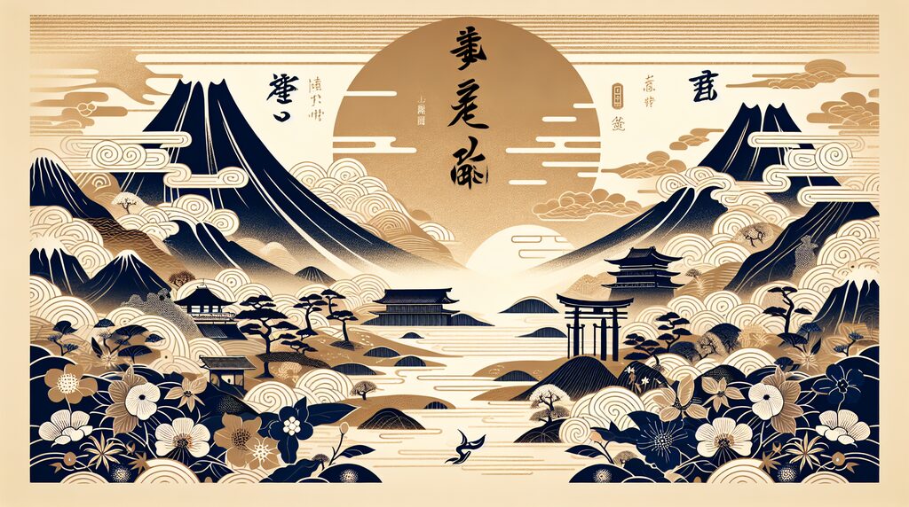 Japanese-inspired decorative landscape featuring tall navy mountains, a large golden sun, traditional pagodas and temples by a tranquil lake, with stylized flowers and clouds.