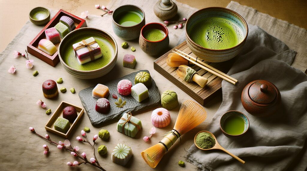 seasonal-wagashi-matcha-pairing - 日本文化と伝統の魅力ナビ ― Japanese Heritage Guide Flat-lay of a Japanese matcha tea ceremony: bowls of frothy green tea, whisk, and colorful wagashi sweets.