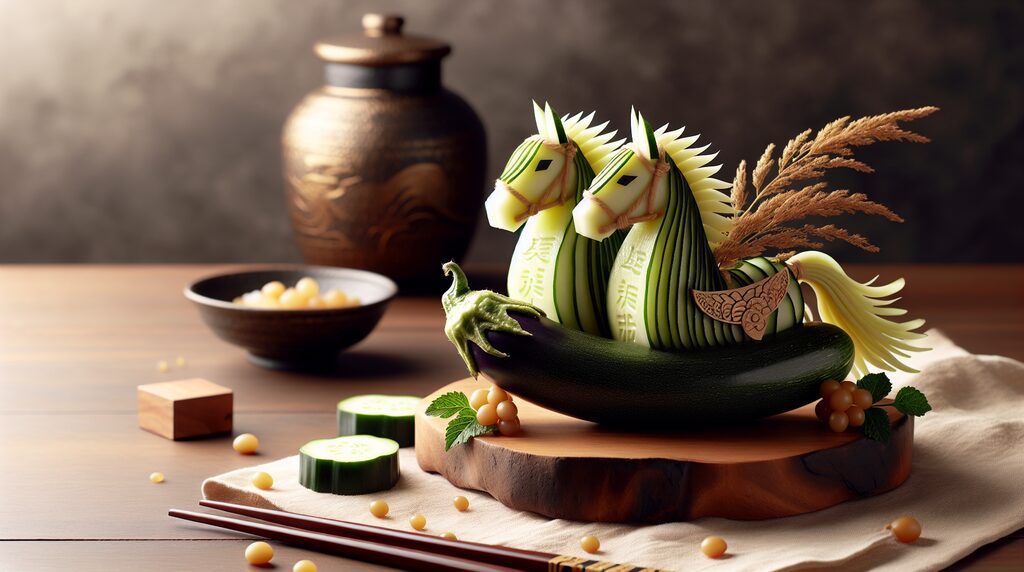 shoryoma-shoryoushi-how-to-make - 日本文化と伝統の魅力ナビ ― Japanese Heritage Guide Artistic vegetable carving: two cucumber horses perched on a zucchini boat, with grain stalks and greens on a wooden platter.