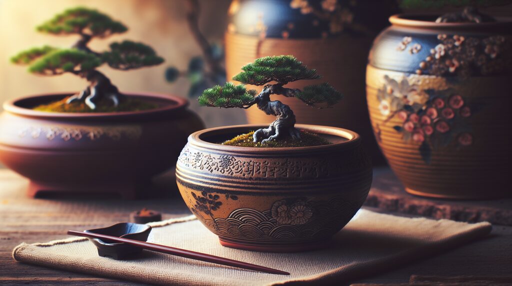 Small bonsai tree in a decorative ceramic pot on a wooden table, with a spoon and chopsticks nearby and other pots in the background.
