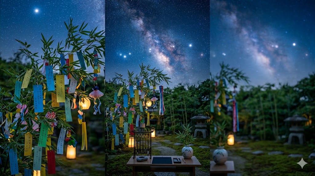 Bamboo wish trees with colorful paper tags under a starry night sky, lanterns glowing in a tranquil garden.