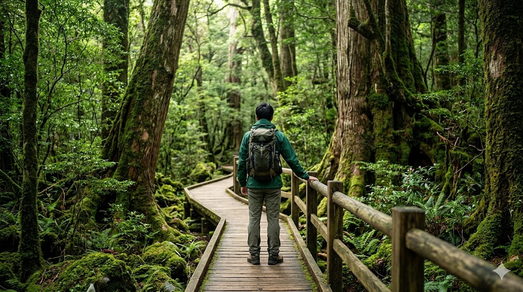 Hiker wearing a teal jacket and backpack walks along a wooden boardwalk through a dense, mossy forest.