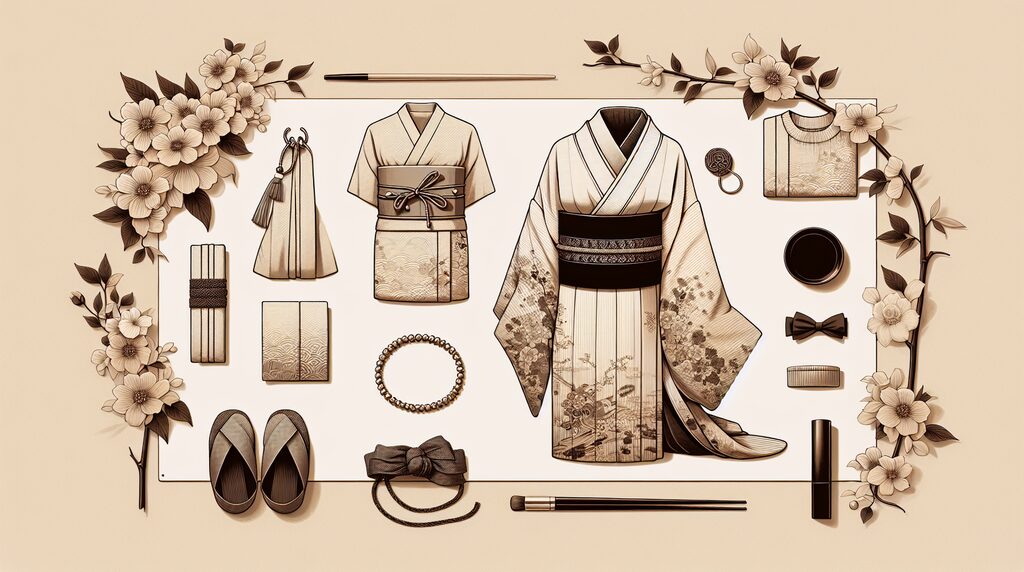 yukata-kitsuke-steps-guide - 日本文化と伝統の魅力ナビ ― Japanese Heritage Guide Flat lay illustration of traditional kimono outfits and accessories arranged on a beige background with floral border—kimono robes, obi, sandals, clutch, jewelry, and makeup items.