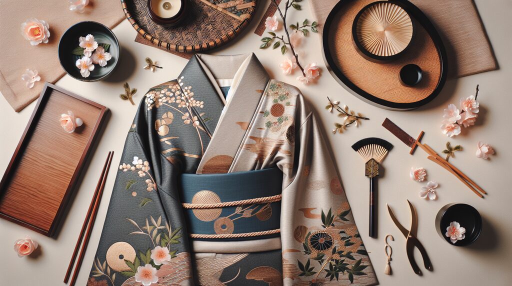 Kimono with floral pattern and blue obi laid flat, surrounded by traditional accessories (fans, hat, scissors, flowers) and wooden items.