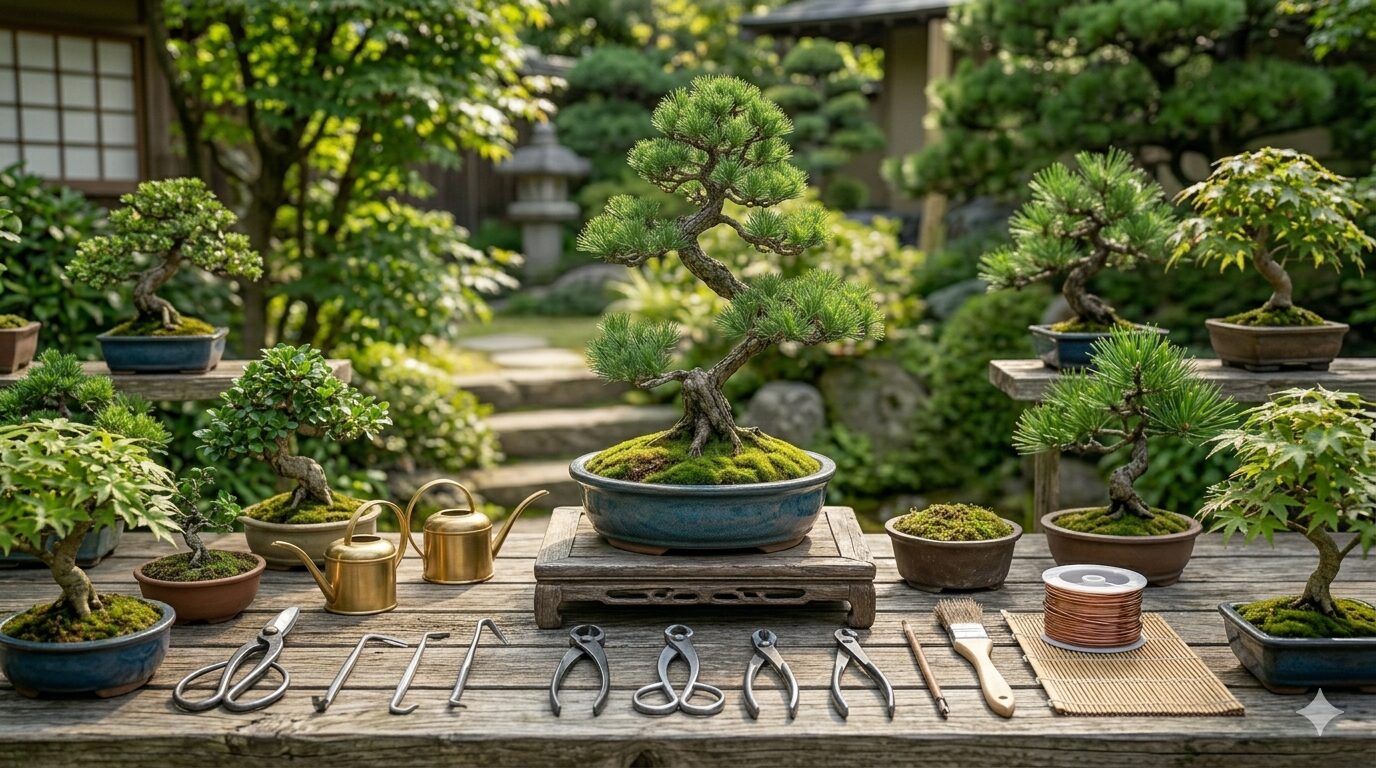 盆栽管理グッズと美しい盆栽のイメージ