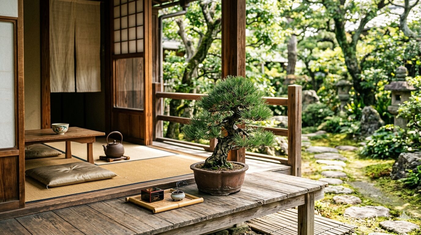 縁側に置かれた盆栽と日本の和の暮らしのイメージ