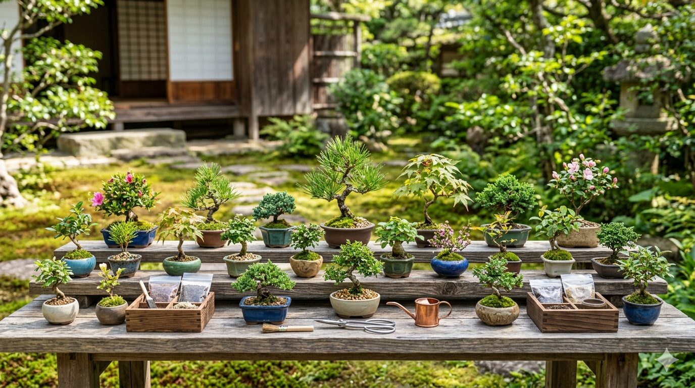 ミニ盆栽セットと小さな鉢が並ぶ風景