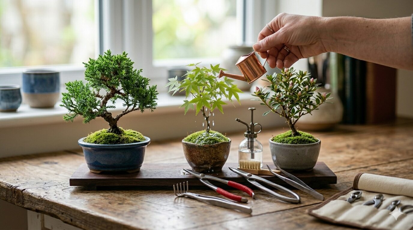 ミニ盆栽に水をやるシーンのイメージ