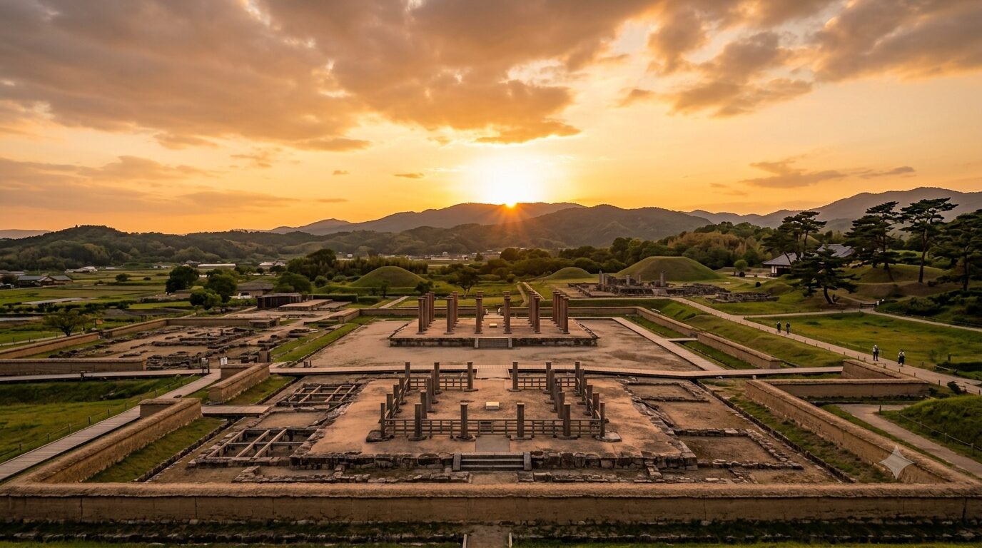 Sunset over an ancient ruin with rows of stone columns and rectangular foundations, set in green fields with distant hills.