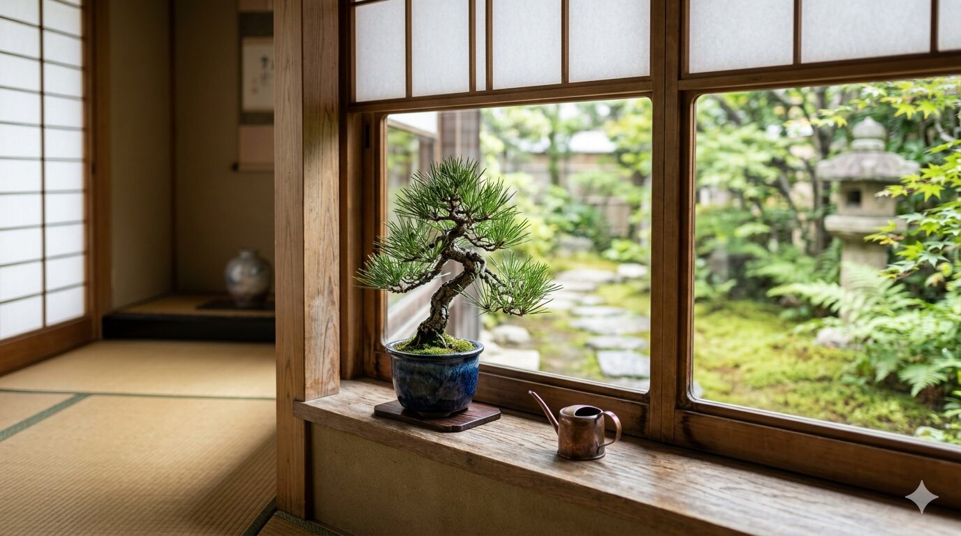 窓辺に置かれたミニ盆栽と和の空間イメージ
