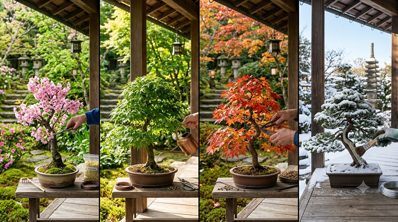 Time-lapse of a bonsai on a wooden table pruned through four seasons: pink blossoms, green leaves, orange autumn foliage, and snow.