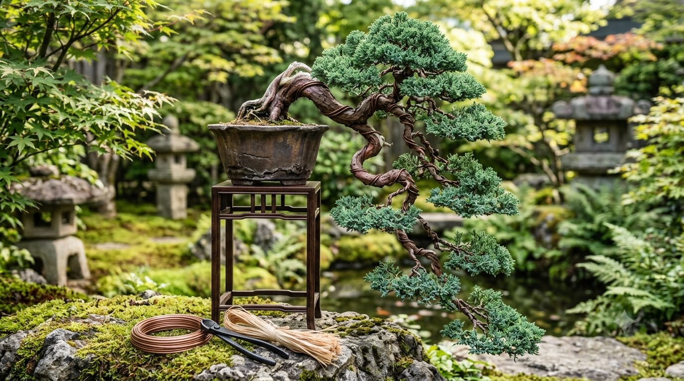 Bonsai tree with a twisted trunk on a wooden stand in a lush garden; pruning tools in the foreground.