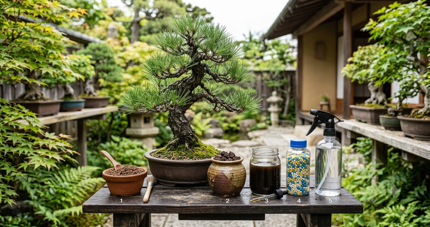 Bonsai on a wooden table with tools and containers in a lush outdoor garden.