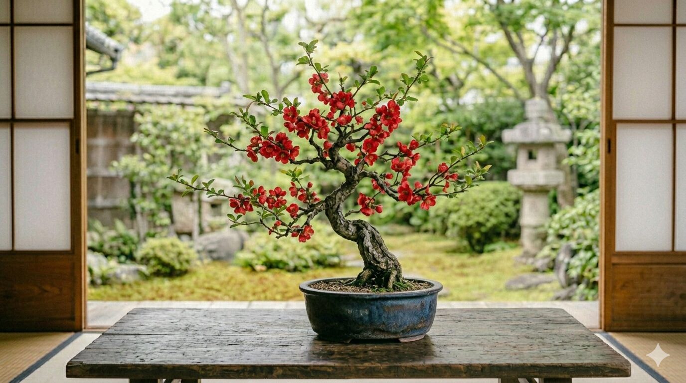長寿梅の赤い花が咲いた盆栽のイメージ