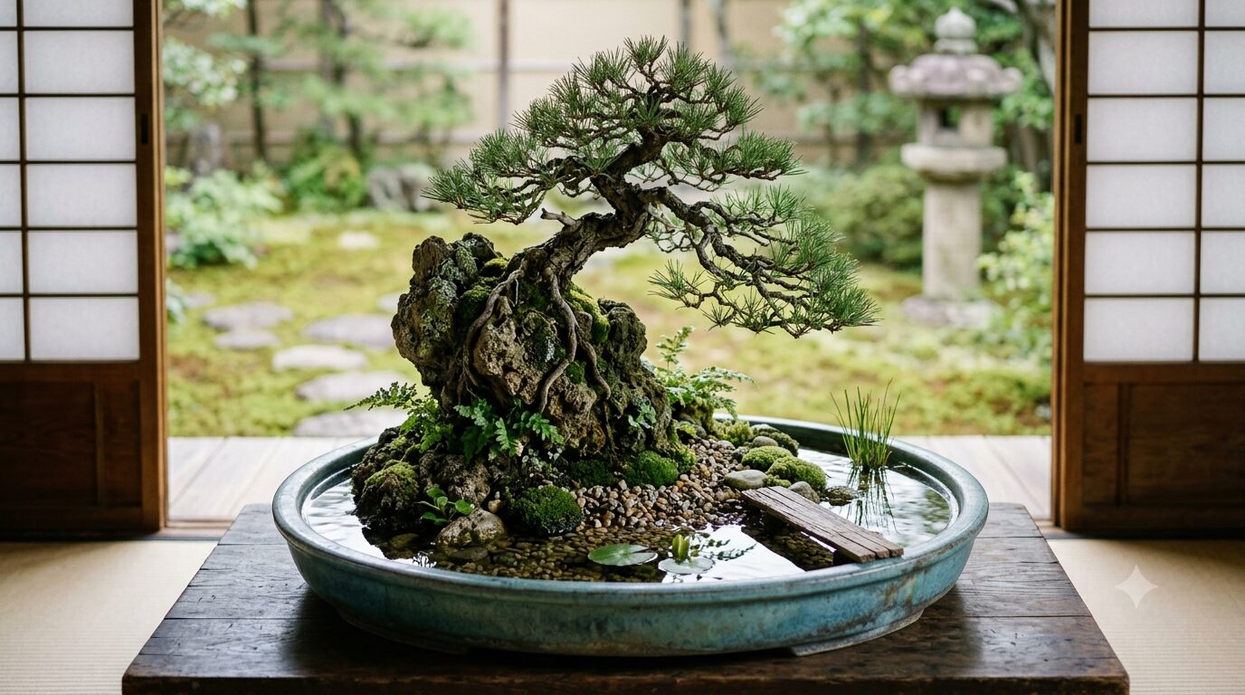 石付き盆栽と水盤を使った情景表現