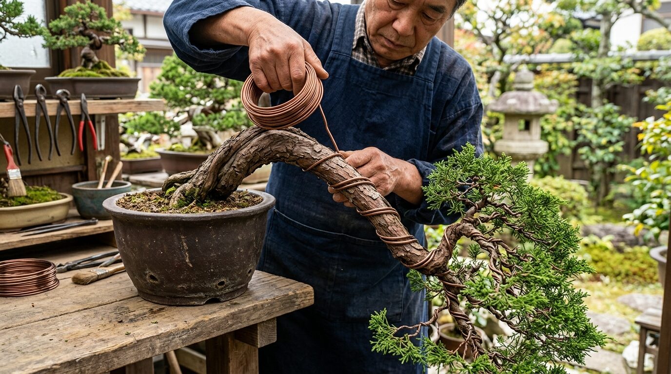 盆栽の懸崖づくりで太い幹に銅針金を45度角で巻く整枝作業の様子