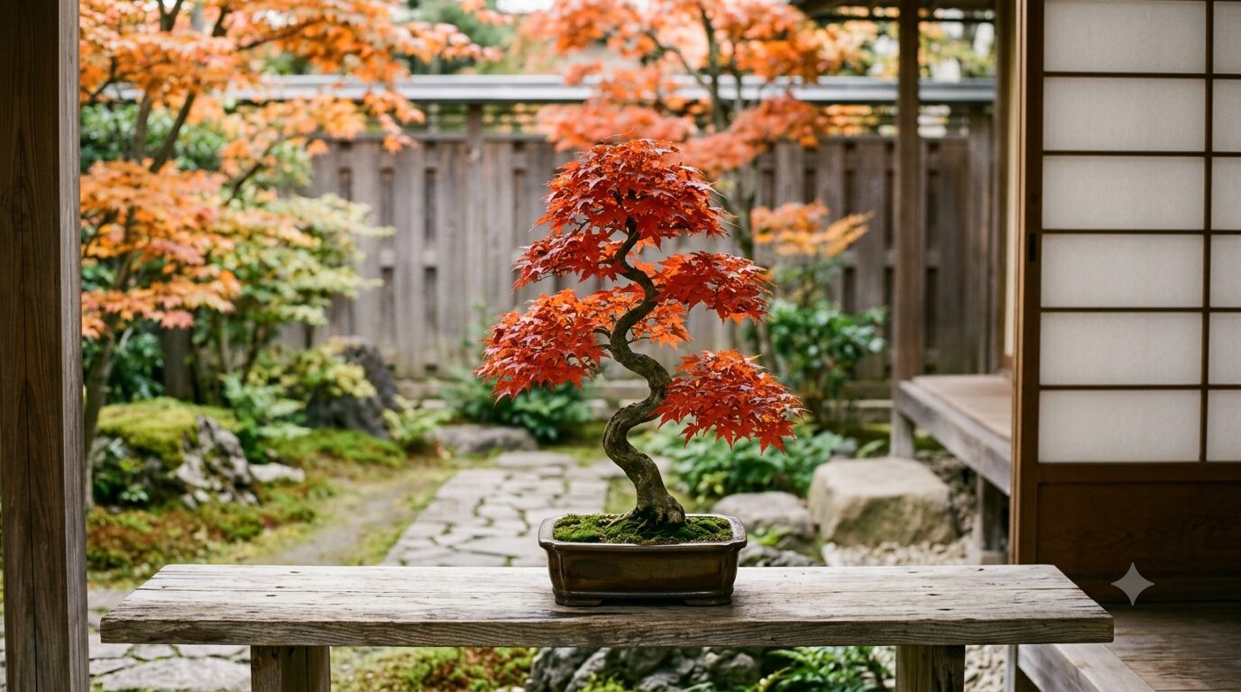 楓の模様木盆栽・秋の紅葉の風情