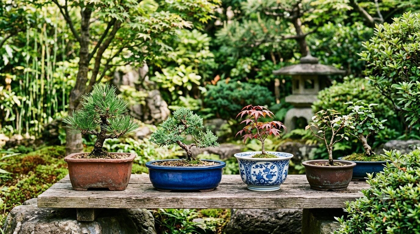 盆栽鉢の種類一覧|泥鉢・釉薬鉢・染付鉢の取り合わせ