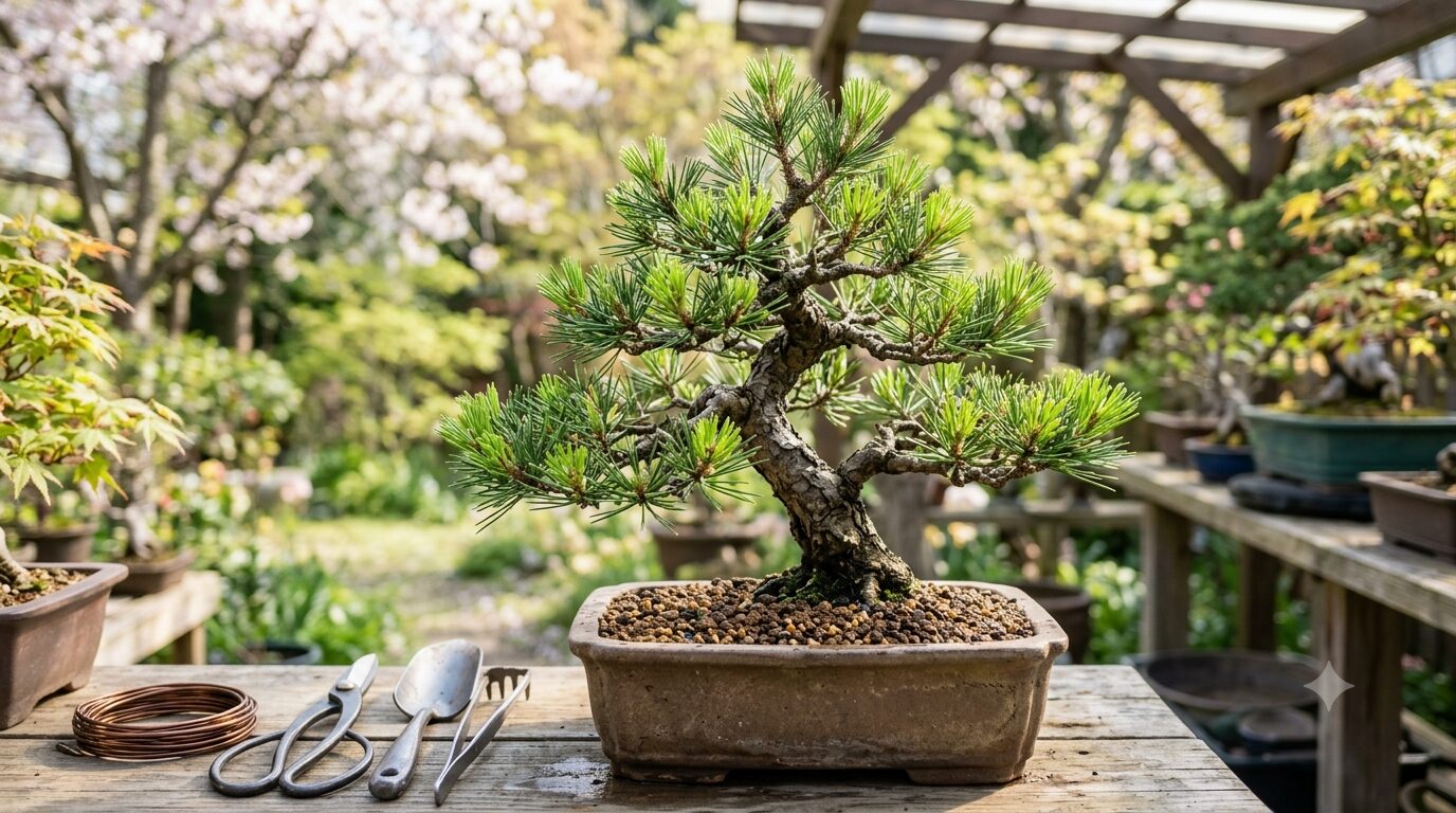 春の盆栽 芽出しと植え替えのイメージ 新芽が吹き出した五葉松の盆栽