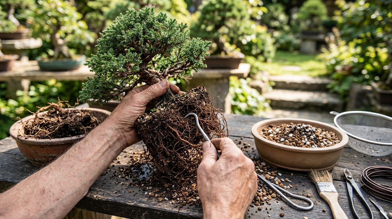 盆栽の植え替え作業イメージ 根をほぐす工程