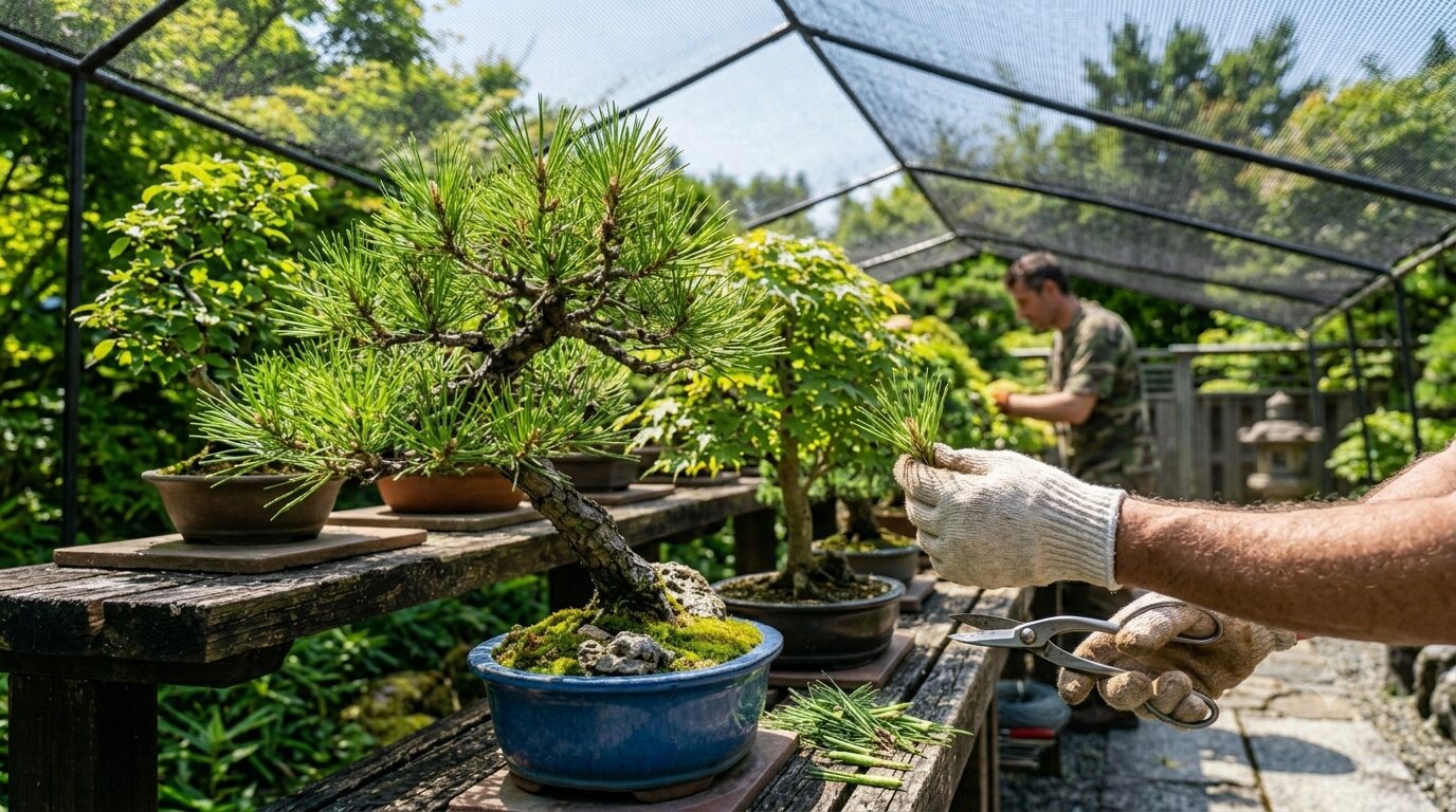 夏の芽切り作業中の黒松盆栽の画像