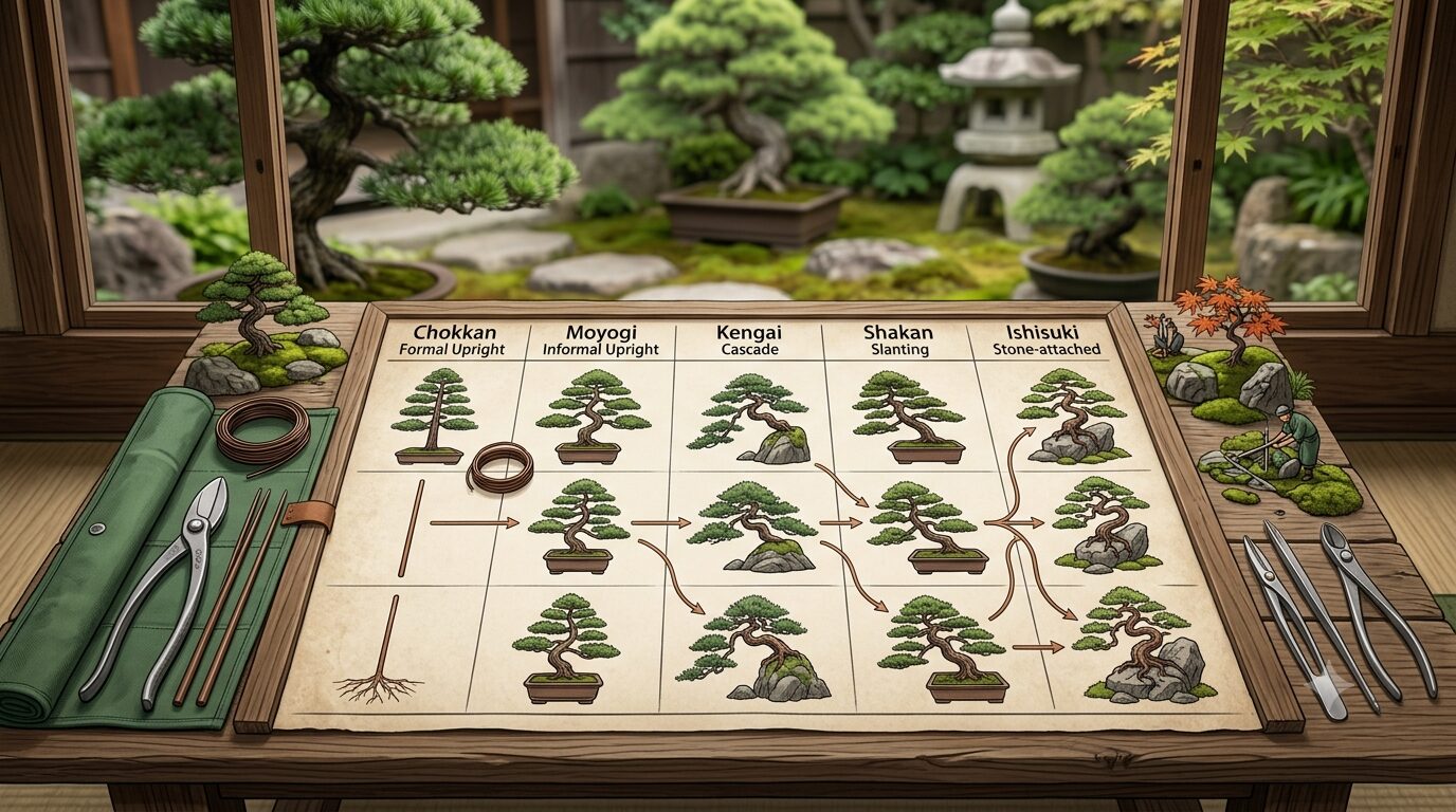 盆栽の樹形一覧イラスト・直幹から石付きまでの比較イメージ図
