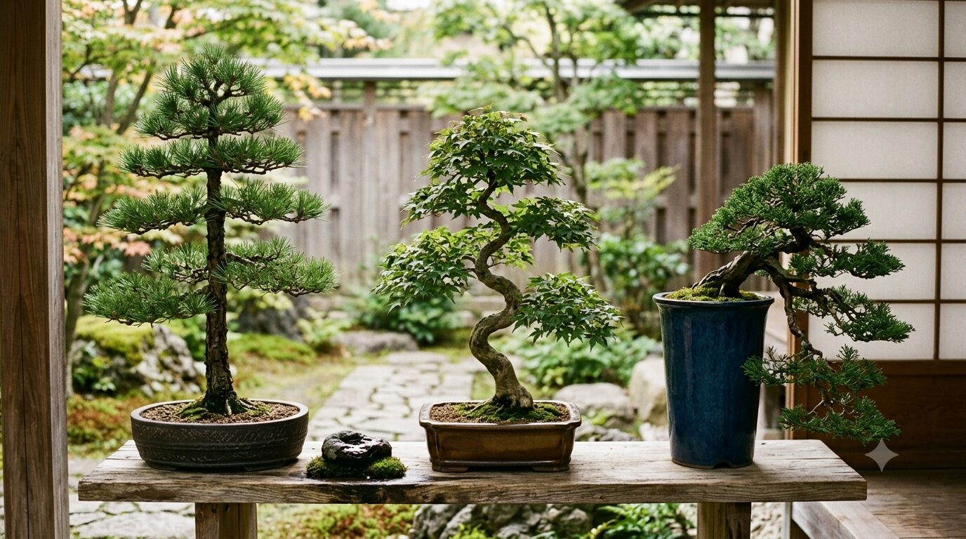 盆栽の代表的な樹形を並べたイメージ写真 – 直幹・模様木・懸崖