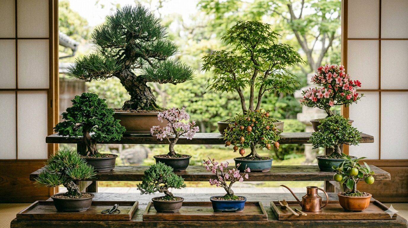 松柏・雑木・花物・実物など様々な樹種の盆栽が棚に並ぶイメージ