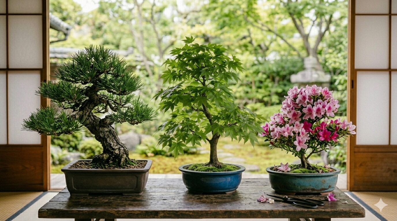 松柏盆栽・雑木盆栽・花物盆栽が並ぶ様子