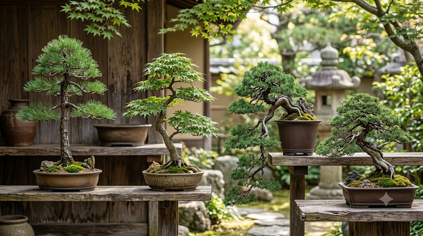 Several bonsai trees in ceramic pots on weathered wooden shelves in a Japanese-style garden.