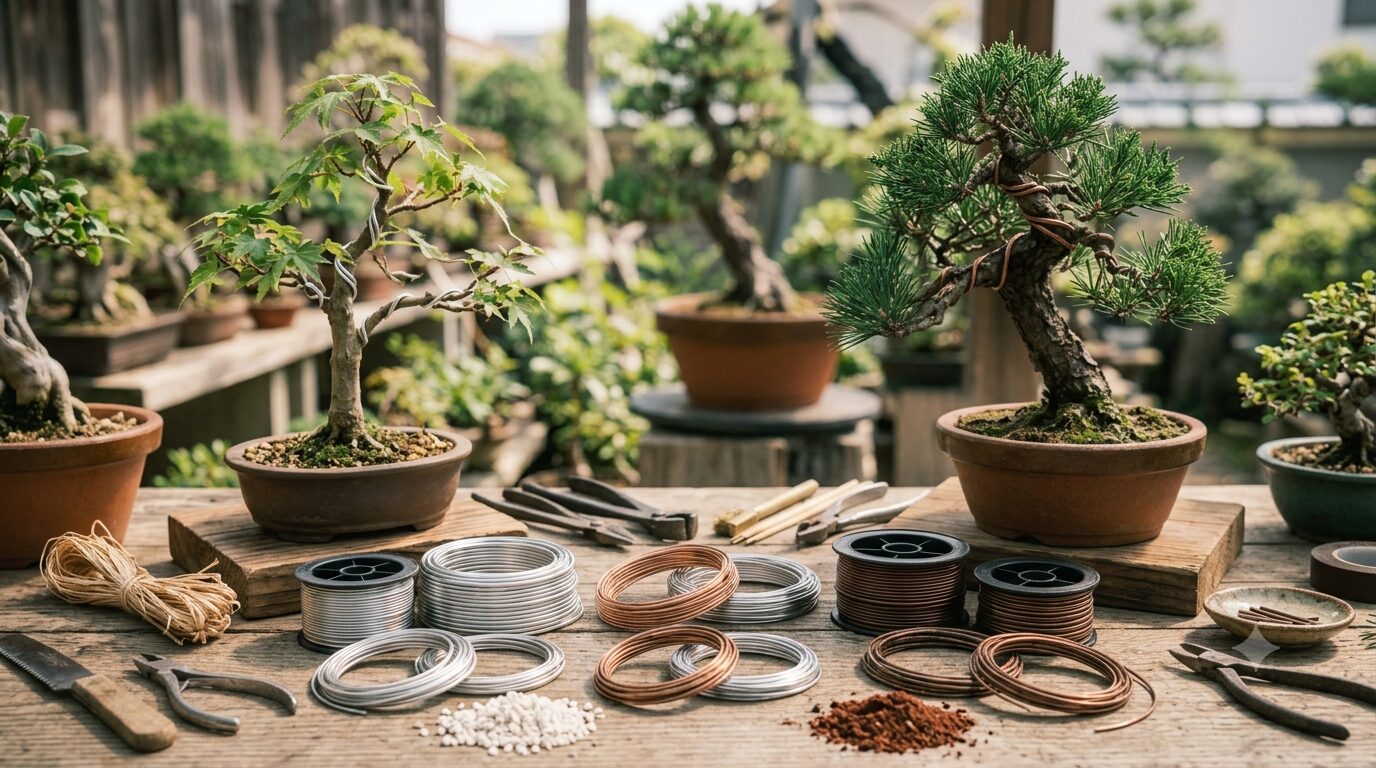 bonsai-wire-types-aluminum-copper - 日本文化と伝統の魅力ナビ ― Japanese Heritage Guide Bonsai workshop setup with potted trees and coils of wire on a wooden table outside