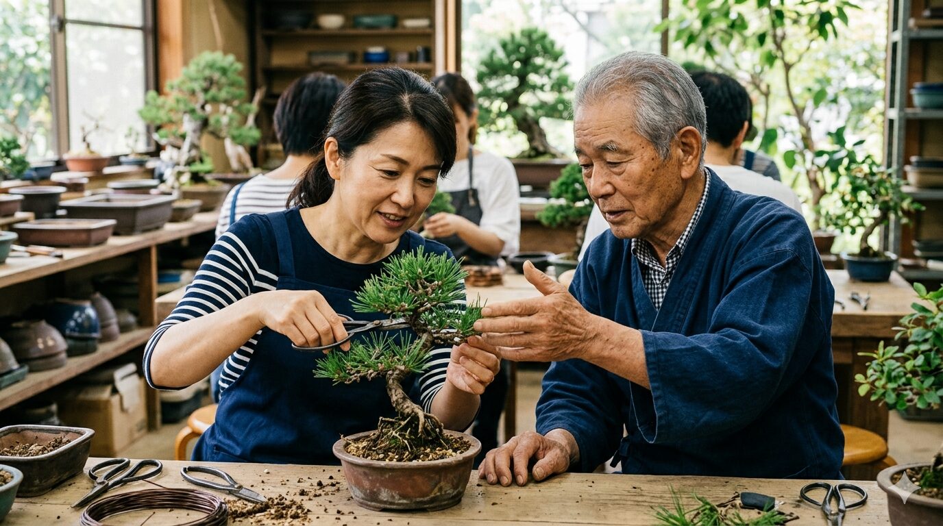 盆栽ワークショップで講師に指導を受ける参加者のイメージ