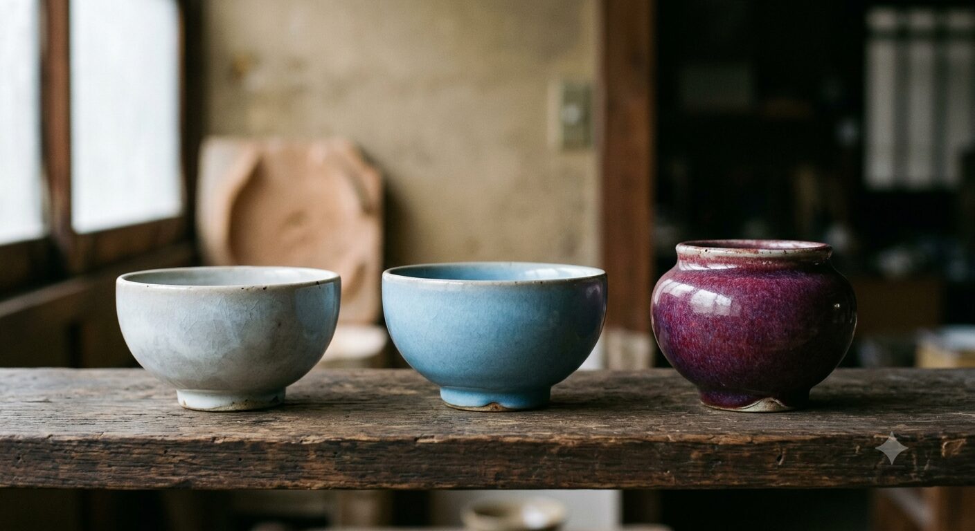 均釉鉢の代表的な色調（月白・天藍・玫瑰紫）の比較イメージ