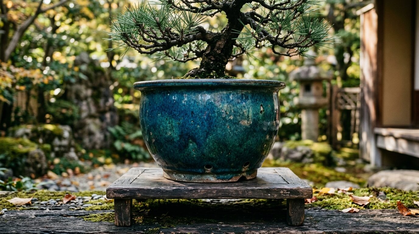 均釉の深い青緑色を帯びた古渡中国鉢のイメージ