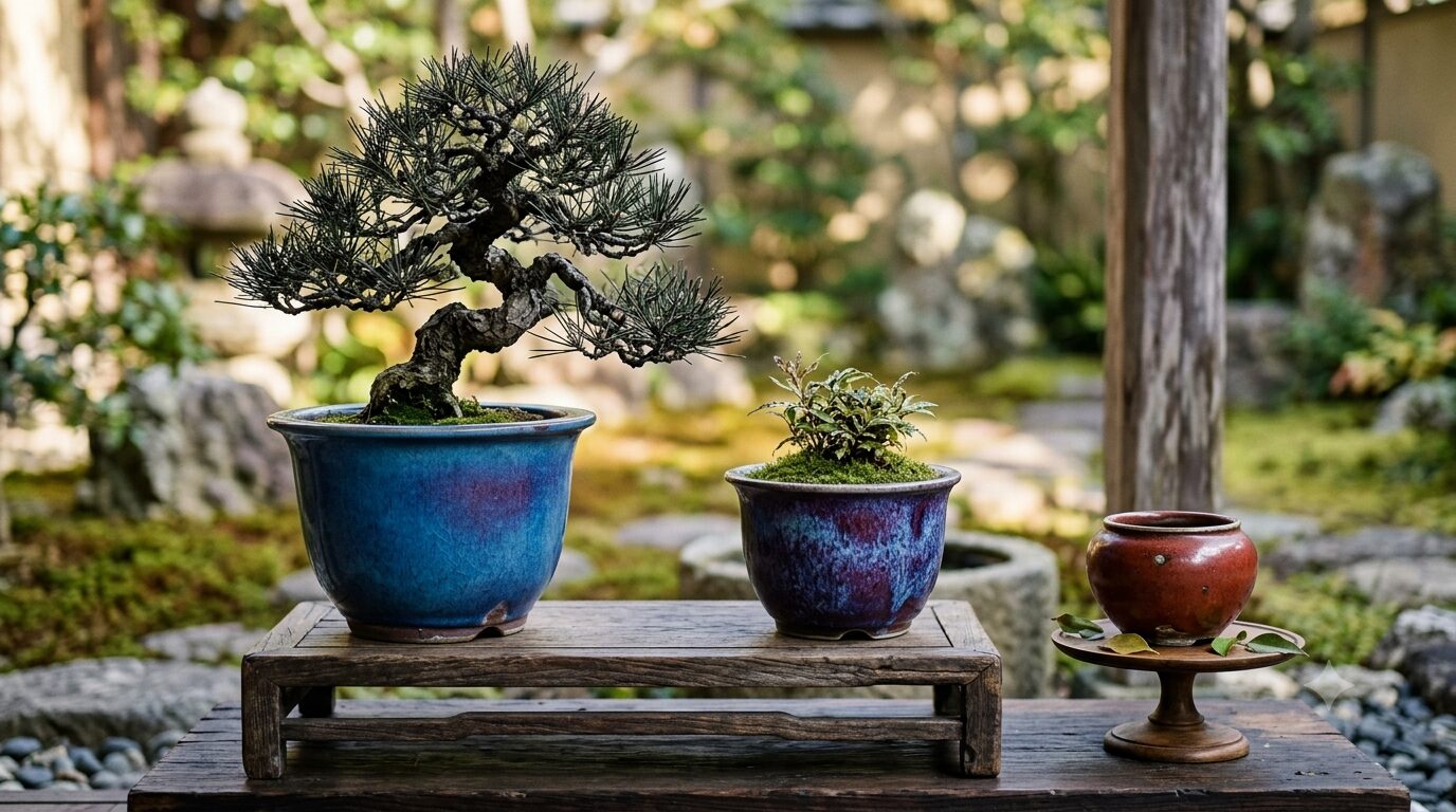 Two potted bonsai trees on a wooden bench-like table in a tranquil garden setting with moss and rocks in the background.